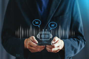Chatbot chat AI concept, artificial intelligence Businessman using AI smart robot technology inputting commands  Futuristic technology transformation.