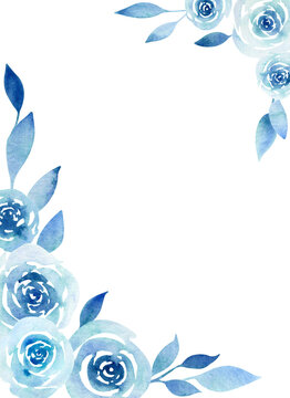 Hand drawn coner frame of blue watercolor roses on a white background.