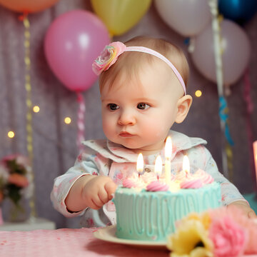little cute baby girl sitting with the cake and balloons, first year, birthday, holiday. generative ai