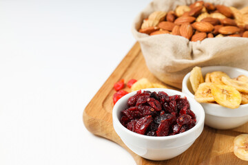 Tasty food concept - delicious dried fruits, space for text