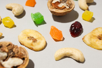 Tasty food concept - delicious dried fruits, tasty dried food