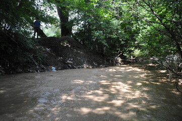 Water flows down a rusty branch into the bed of a mountain river.