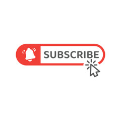 Subscribe push button with mouse arrow. Cursor click, bell notification red vector.