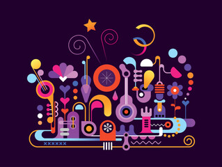 Attractive bright colors isolated on a dark violet background Music Design, vector illustration. Creative mix of musical instruments and abstract shapes.