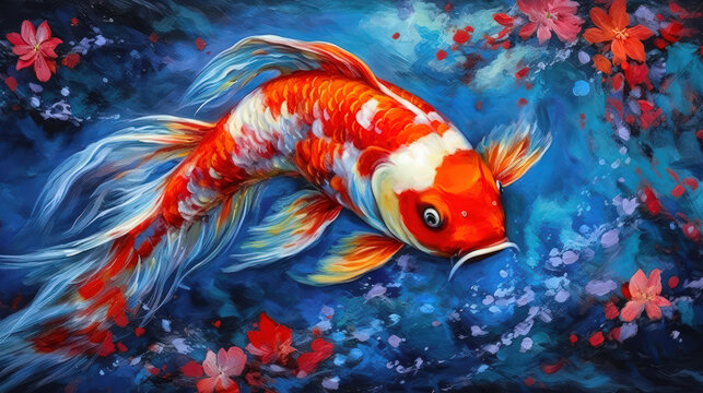 Alcohol Inc. and Impasto Mix painting of a Koi Karpen in beautiful blue, white and orange colors, Generative AI