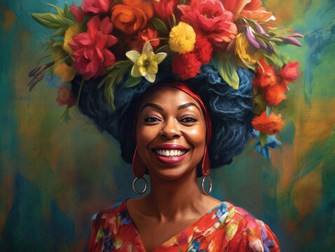 painting of an african american woman smiling with flowers,