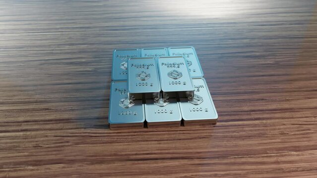 Animation of 1 kg palladium bars stacked on top of each other. The bars are rendered in 3D, giving them a contemporary appearance. 