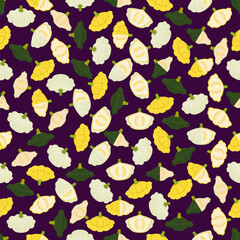 Seamless pattern with Yellow, green and white Patty Pan squash. Scallop or Scallopini squash. Summer squash. Fruit and vegetables. Flat style. Vector illustration isolated on purple background.