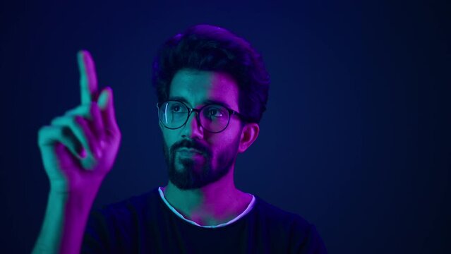 Infographic hologram backdrop template ultraviolet neon background pensive man hi-tech programmer engineer touch air space futuristic user interface HUD digital cyber technology virtual screen icon