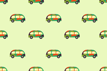 Seamless pattern with Hippie Bus. Endless ornament with colorful Van. Children's wallpaper and bed linen print. Vector illustration.