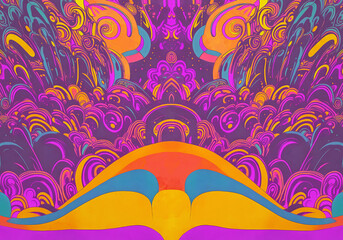 A generative AI abstract psychedelic watercolor-style illustration; a 1960s-style poster background or record album gatefold image from the groovy hippie era. - obrazy, fototapety, plakaty
