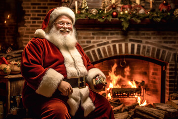 Obraz na płótnie Canvas A smiling chubby Santa Claus with a white beard is standing in front of a burning fireplace, he have a happy and joyful looking - ai generative