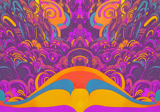 A generative AI abstract psychedelic watercolor-style illustration; a 1960s-style poster background or record album gatefold image from the groovy hippie era.