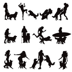 Fototapeta na wymiar Set of vector silhouette of woman with her happy dog on white background.