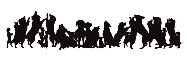 Vector silhouette of group of dogs on white background.