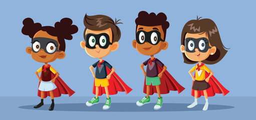 Set of Superhero Kids Characters Wearing Capes Vector Illustration. Group of friends wearing superhero costumes 
