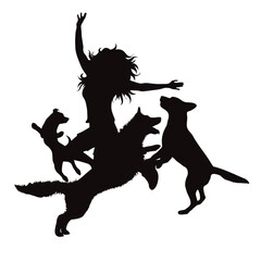 Vector silhouette of dancing woman with her happy dogs on white background.