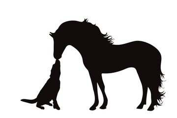 Vector silhouette of dog with horse on white background.