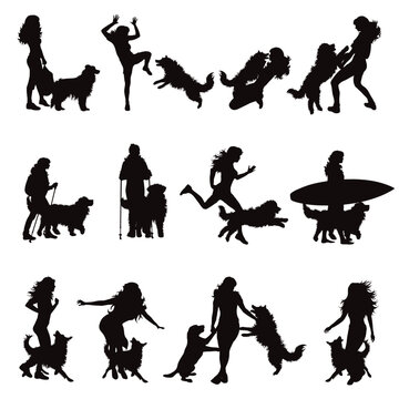 Set of vector silhouette of woman with her happy dog on white background.