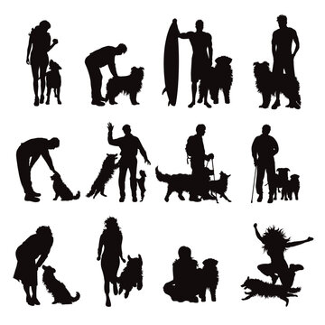 Set of vector silhouette of woman or man with theirs happy dog on white background.