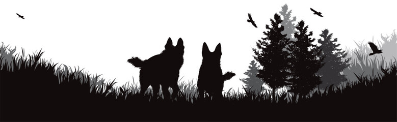 Vector silhouette of happy dogs running in nature.