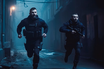 Two police officers run after suspect. Heroin dealer being chased by police officers. Fighting crime concept. Generative AI