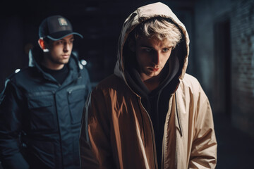 Policeman and policewoman arresting young man in hoodie. Fighting crime and justice and safety concept. Generative AI