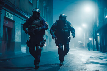 Fototapeta premium Two police officers run after suspect. Heroin dealer being chased by police officers. Fighting crime concept. Generative AI