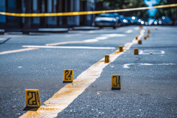 Evidence markers on asphalt. Crime scene investigation concept. Fighting crime and safety. Generative AI - obrazy, fototapety, plakaty