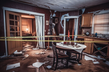 Home invasion. Crime scene in a wrecked furnished home. Crime problems and safety issues concept. Generative AI