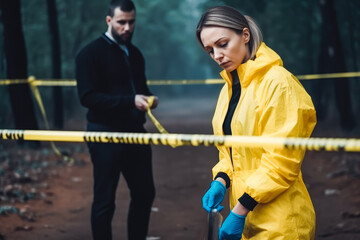 Obraz premium Arriving at crime scene. Crossing yellow police tape. Two detectives on crime scene searching for evidence and looking around. Generative AI