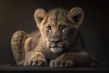 Obraz na płótnie Canvas Portrait of a baby lion on a dark background, Generative AI