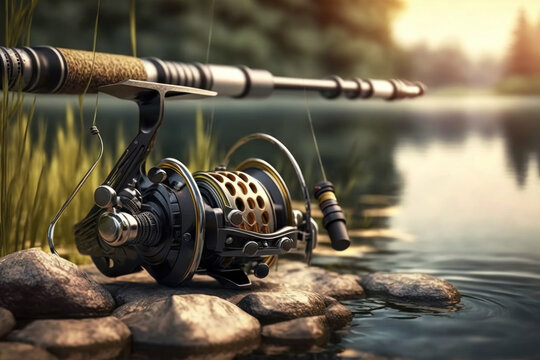 Close fishing reel on the nature background, Generative AI