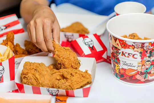 KFC is popular fast food chain known as Kentucky Fried Chicken.background of KFC restaurant.selective focus.THAILAND,15 May 2023.