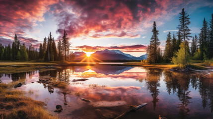 A stunning sunset over a picturesque landscape, with majestic mountains towering in the distance, a serene lake reflecting the vibrant sky, and lush green forests surrounding the area. Generative AI