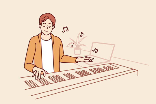 Man plays synthesizer coming up with soundtrack for new movie or tune for popular music album. Creative guy composer plays synthesizer dreaming of becoming musician or performing with concerts