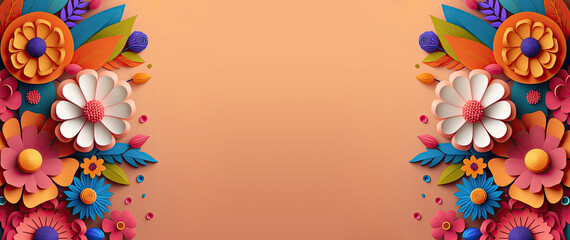 copy space for text banner with colorful flowers, decorative floral mockup wall background, horizontal corner floral background for wedding, greeting card banner 