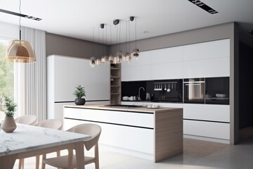 modern apartment white flat kitchen background contemporary home design interior nobody house. Generative AI.