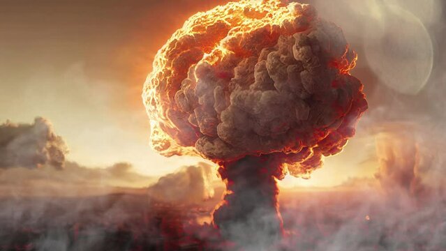 An explosion in a town's skyline making a nuclear fire mushroom cloud in an apocalyptic war. Nuclear explosion of atomic bomb in a nuclear war.