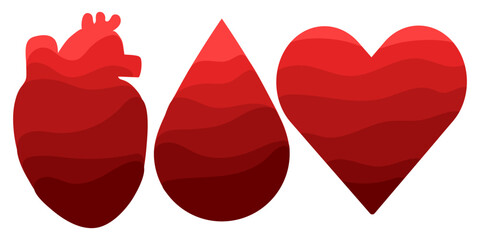 A set of large elements with layers of drops, the heart is made of shades of red. The transition to light, filling the drop and the heart with blood Elements on a white background hemophilia, donation