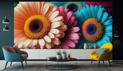 Living room interior with 3d colorful wall art flowers, decor on a large wall