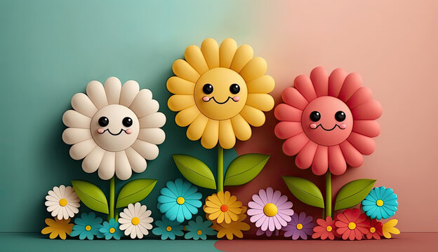 funny smail flowers background, colorful happy smail floral background