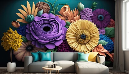 Living room interior with 3d colorful wall art flowers, decor on a large wall