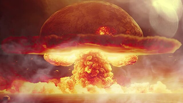 a mushroom cloud created by a nuclear fire in a nuclear explosion on a war-torn skyline of a wasteland.