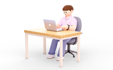3D illustration of a man sitting at an office desk and working with a laptop. Businessmen, freelancers, salespeople, or telecommuters