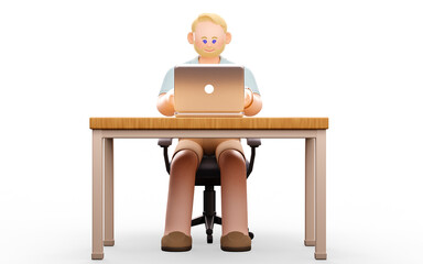 3D illustration of a man sitting at an office desk and working with a laptop. Businessmen, freelancers, salespeople, or telecommuters
