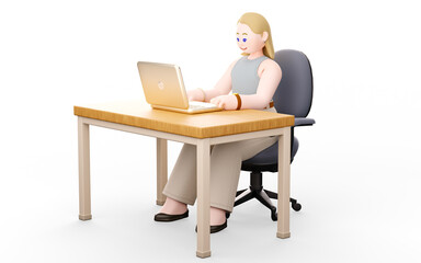 3D illustration of a woman sitting at an office desk and working with a laptop. Businessmen, freelancers, salespeople, or telecommuters