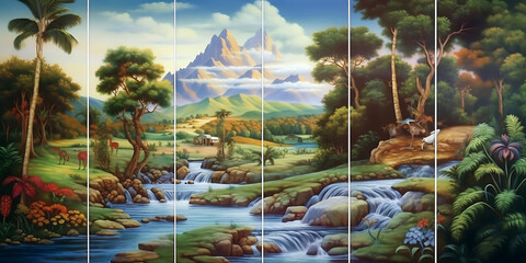 forest, mountain, river landscape, with tiles