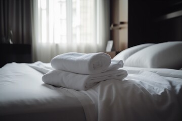 Fototapeta na wymiar fresh bed service white luxury hotel towel room resort home. Generative AI.