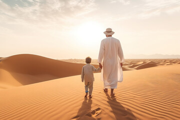 Fototapeta na wymiar Father and son wear white clothes, walking together in the desert. Generative AI.